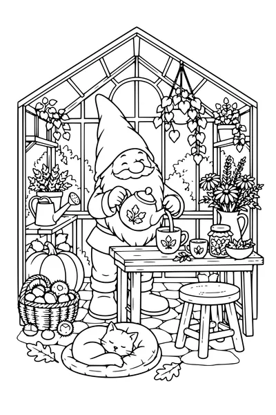 Coloriage: Lutin servant une tisane dans une serre miniature.