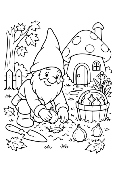 Coloriage: Lutin plantant des bulbes près d’une maison champignon.