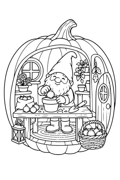 Coloriage: Lutin plantant des bulbes dans une maison citrouille.
