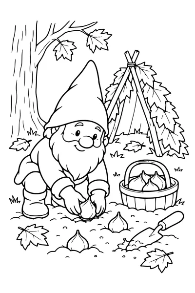 Coloriage: Lutin plantant des bulbes près d’une tente de feuilles.