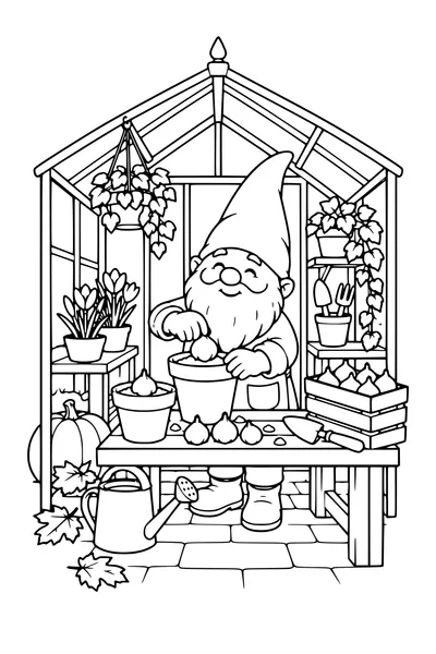 Coloriage: Lutin plantant des bulbes dans une serre miniature.