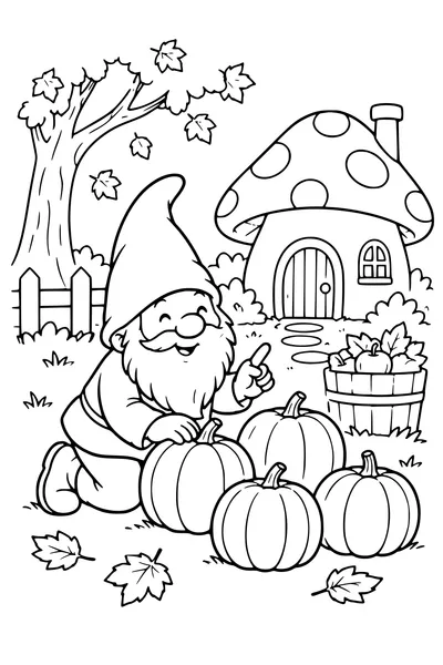 Coloriage: Lutin comptant des citrouilles près d’une maison champignon.