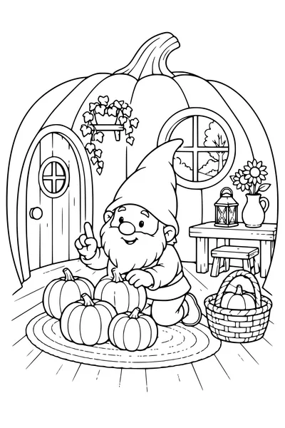Coloriage: Lutin comptant des citrouilles dans une maison citrouille.