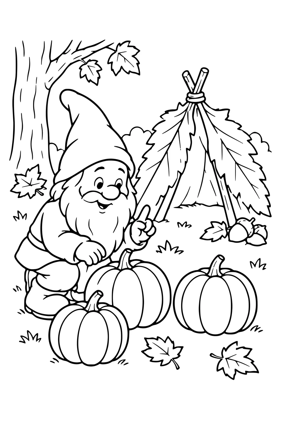 Coloring page: Gnome counting pumpkins beside a leaf tent.