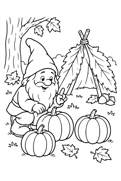 Coloriage: Lutin comptant des citrouilles près d’une tente de feuilles.
