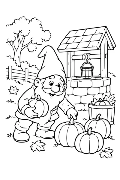 Coloriage: Lutin comptant des citrouilles près d’un puits en pierre.