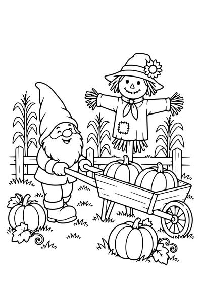 Coloriage: Citrouilles près d’un épouvantail.