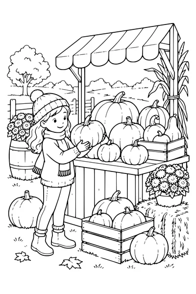 Coloriage: Citrouilles sur un étal de marché.