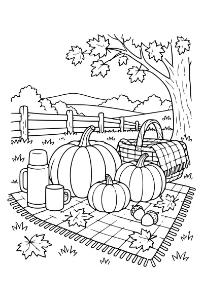 Coloriage: Citrouilles sur une nappe de pique-nique.