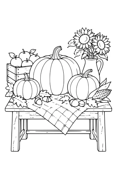 Coloriage: Citrouilles sur une table de récolte.