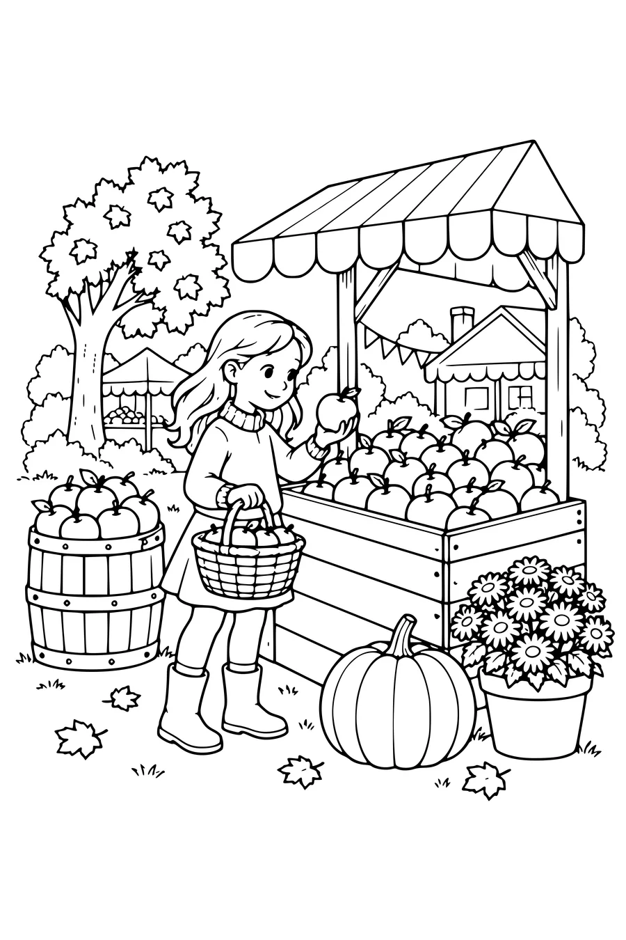 Coloring page: Apples on a market stall.
