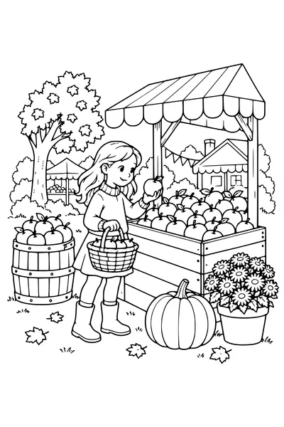 Coloriage: Pommes sur un étal de marché.