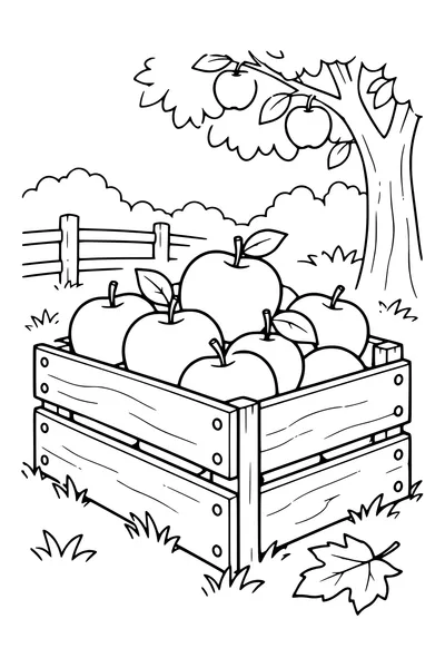 Coloriage: Pommes dans une caisse en bois.