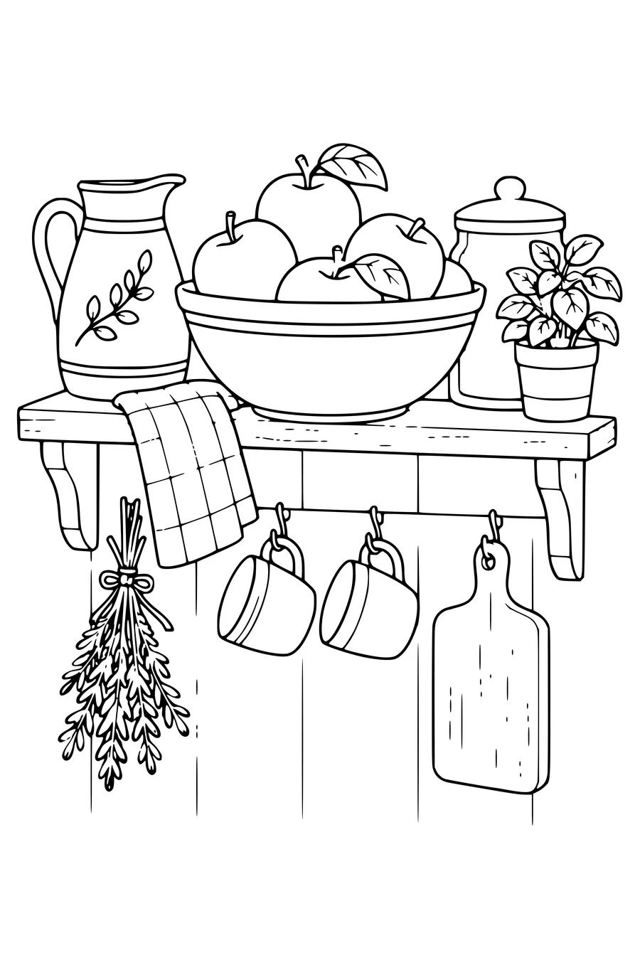 Coloriage: Pommes sur une étagère de cuisine.