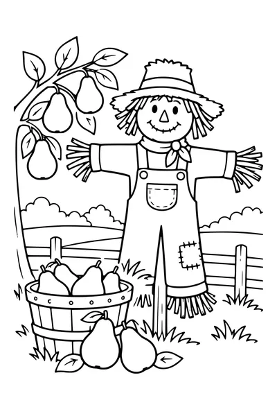 Coloriage: Poires près d’un épouvantail.