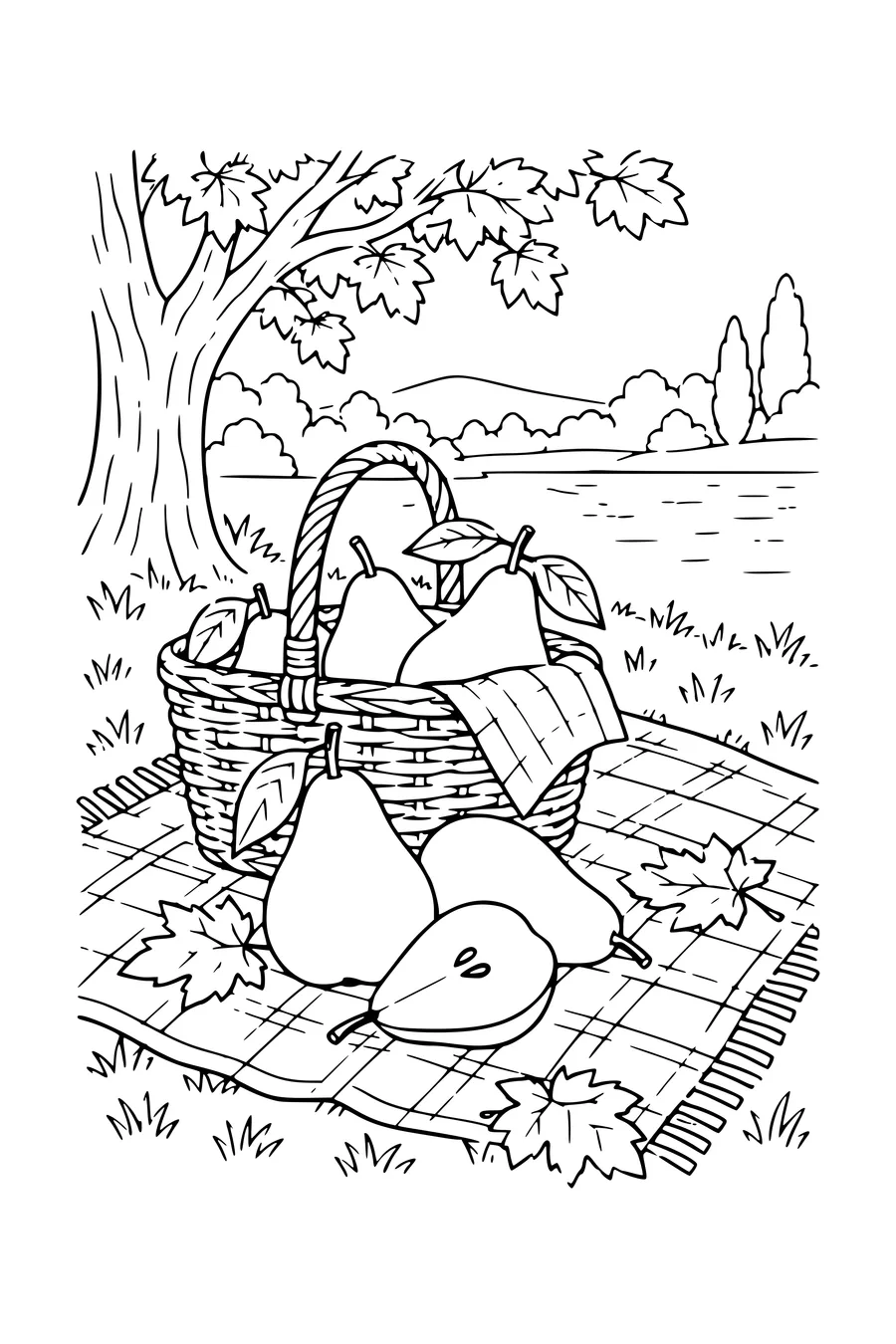 Kleurplaat: Peren op een picknickkleed.