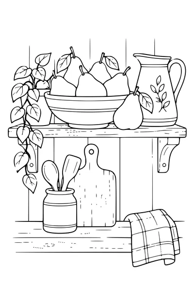 Coloriage: Poires sur une étagère de cuisine.