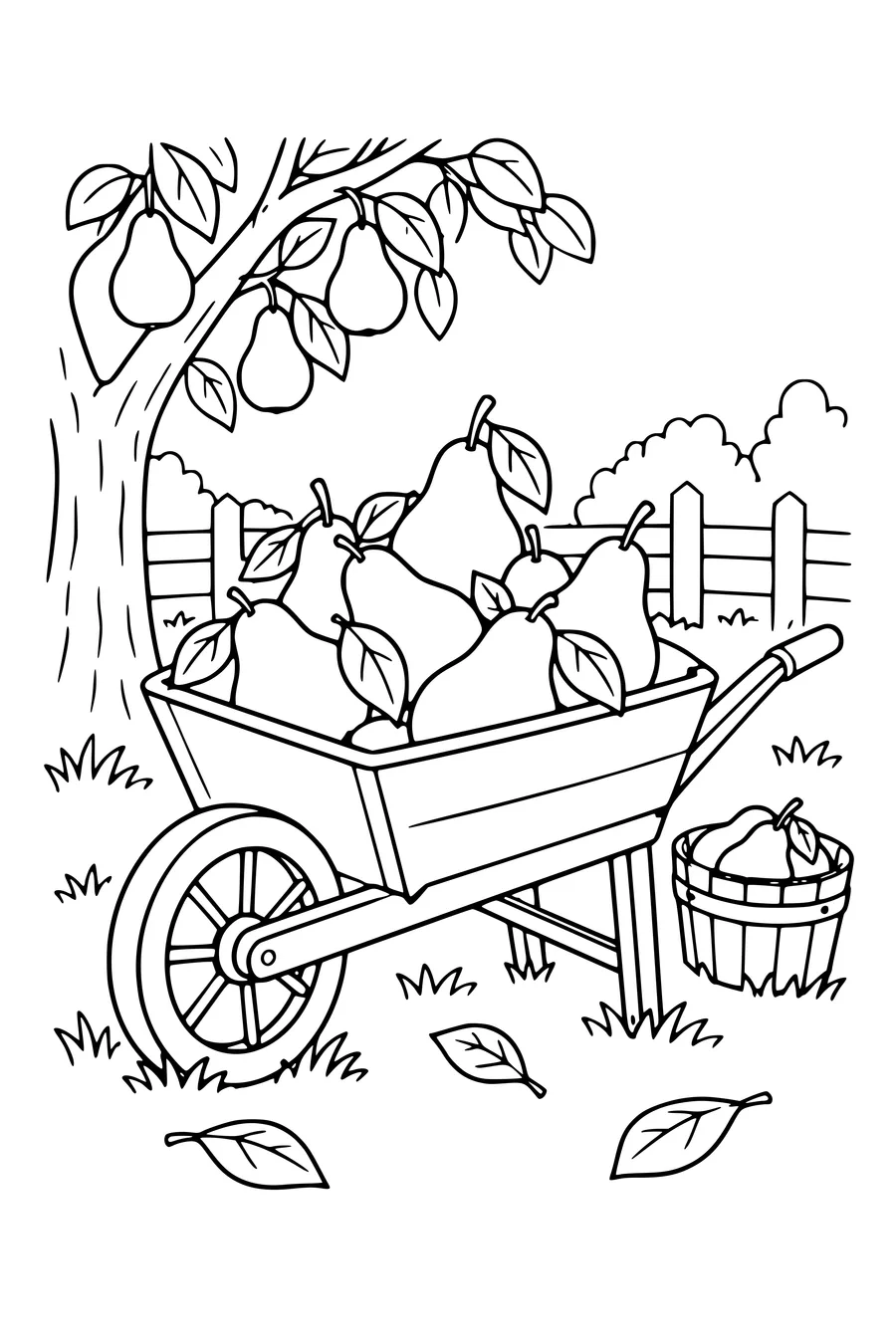 Coloring page: Pears in a wheelbarrow.