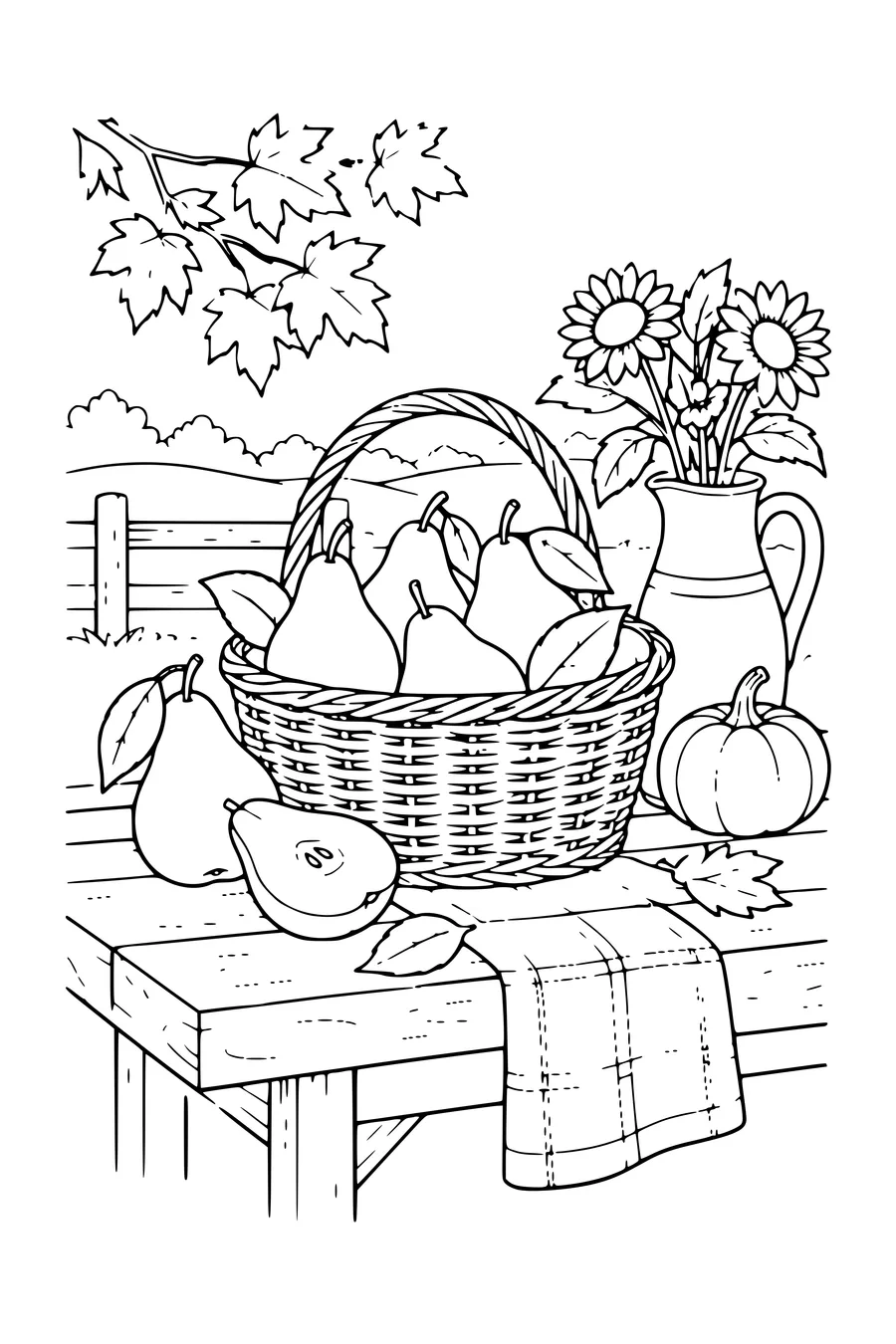 Coloring page: Pears on a harvest table.