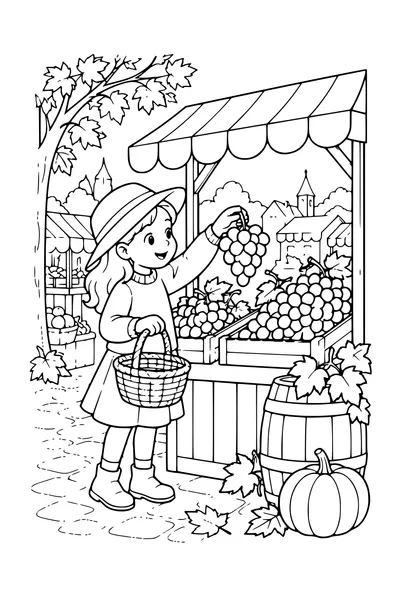 Coloriage: Raisins sur un étal de marché.