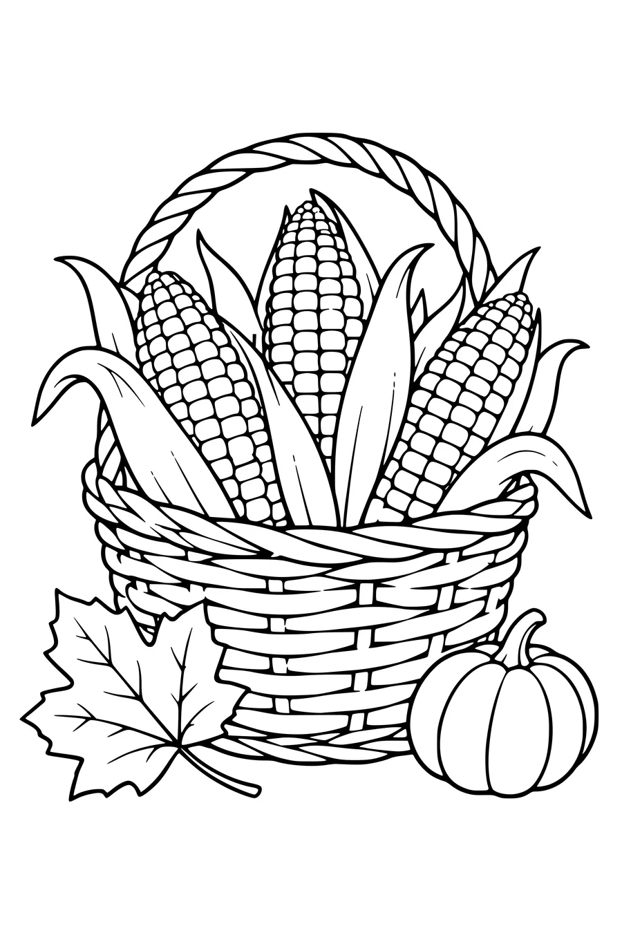 Coloriage: Épis de maïs dans un panier en osier.