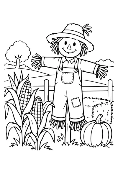 Coloriage: Épis de maïs près d’un épouvantail.
