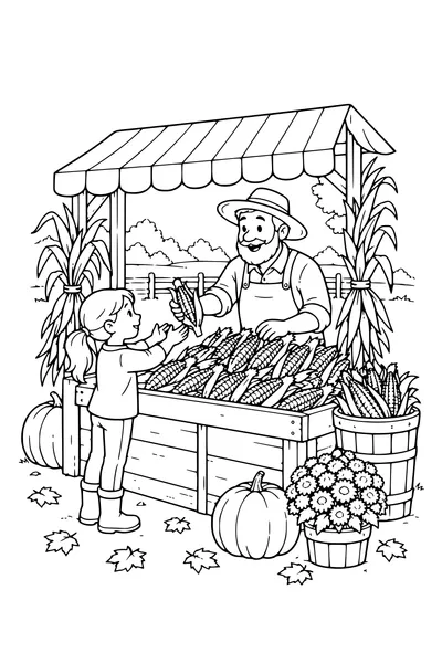 Coloriage: Épis de maïs sur un étal de marché.