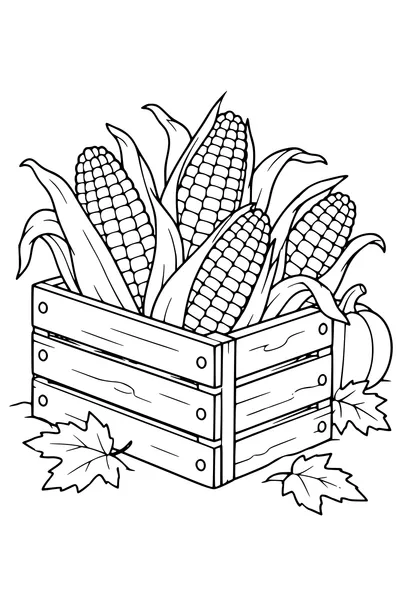 Coloriage: Épis de maïs dans une caisse en bois.