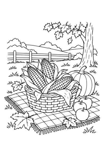 Coloriage: Épis de maïs sur une nappe de pique-nique.