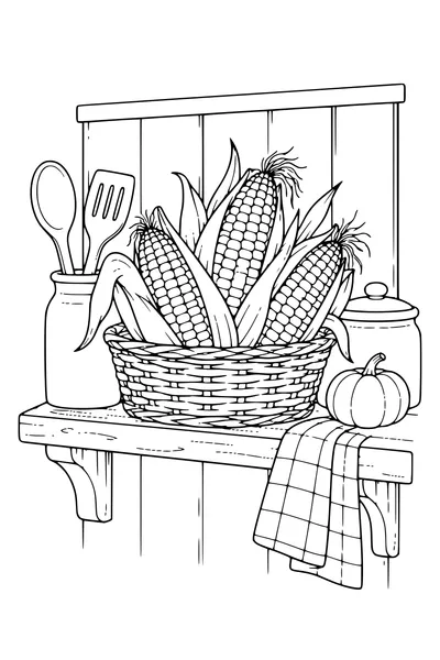 Coloriage: Épis de maïs sur une étagère de cuisine.