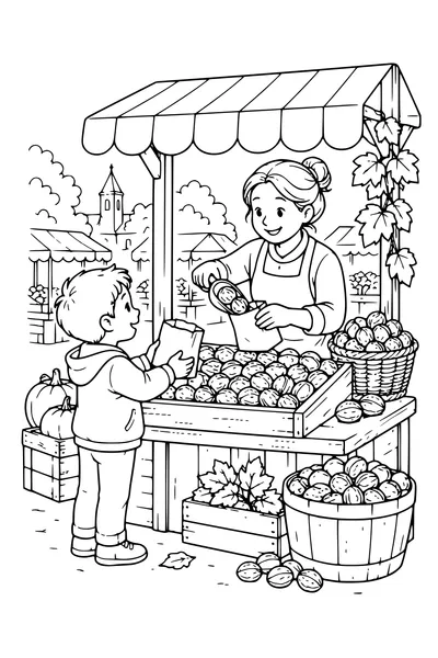 Coloriage: Noix sur un étal de marché.