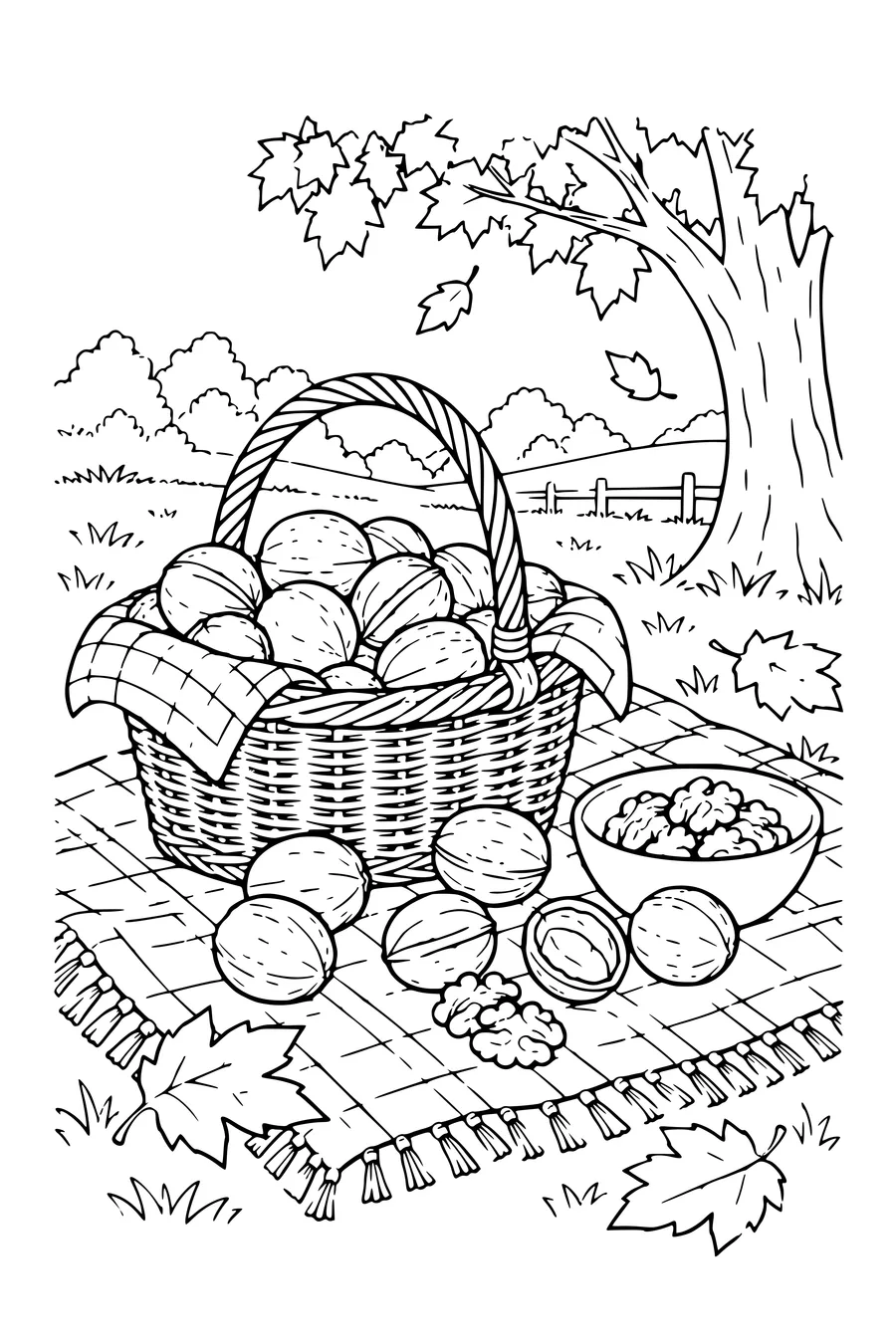 Coloriage: Noix sur une nappe de pique-nique.
