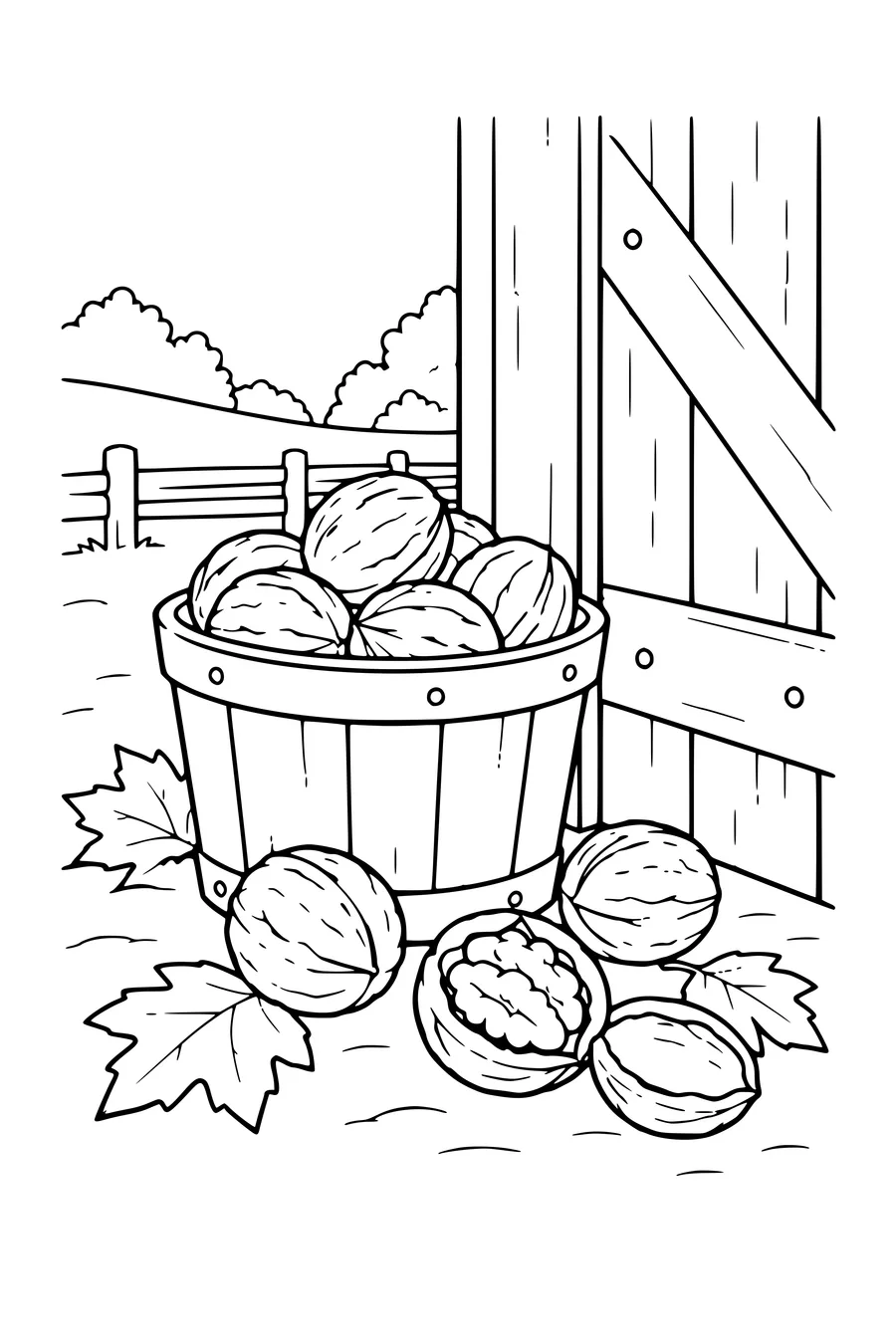 Coloring page: Walnuts beside a barn door.