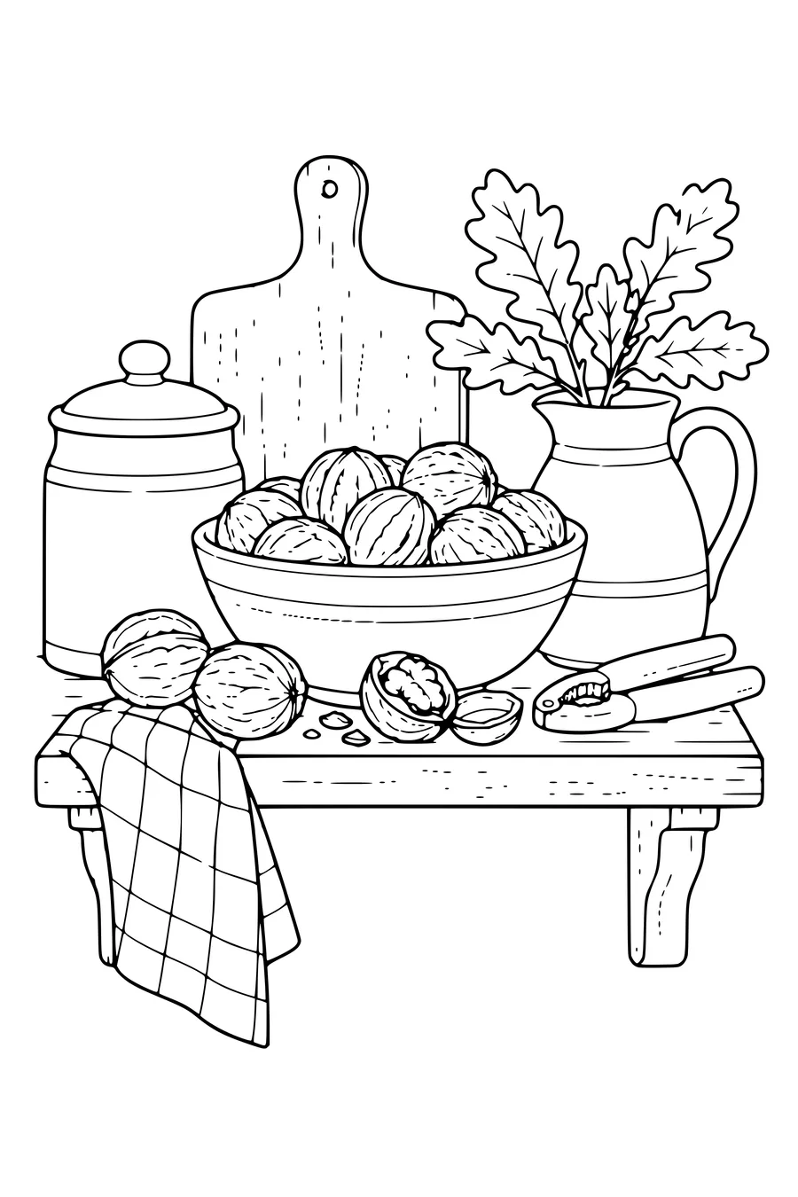 Coloring page: Walnuts on a kitchen shelf.