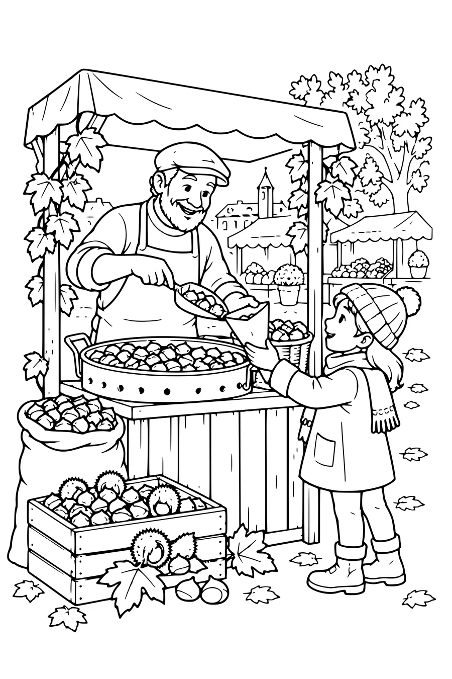 Coloring page: Chestnuts on a market stall.