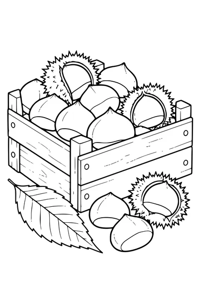Coloriage: Châtaignes dans une caisse en bois.