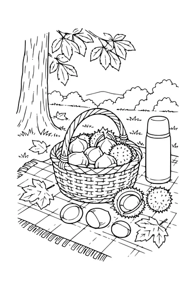 Coloriage: Châtaignes sur une nappe de pique-nique.