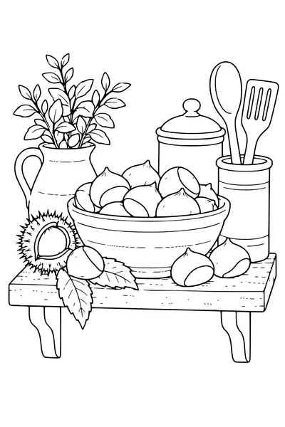 Coloriage: Châtaignes sur une étagère de cuisine.