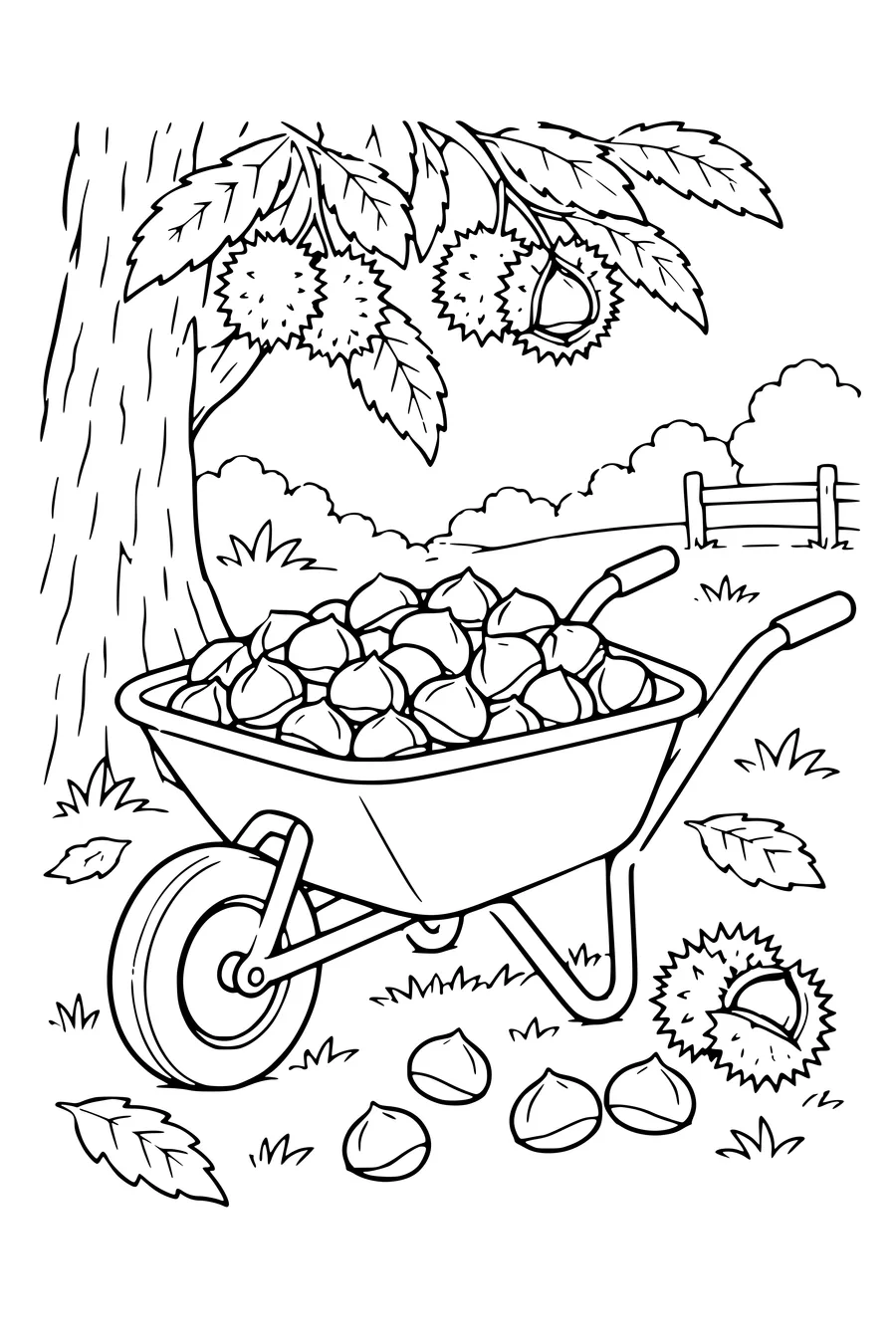 Coloring page: Chestnuts in a wheelbarrow.