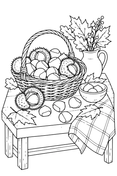 Coloriage: Châtaignes sur une table de récolte.