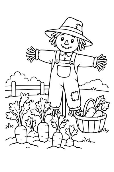 Coloriage: Carottes près d’un épouvantail.