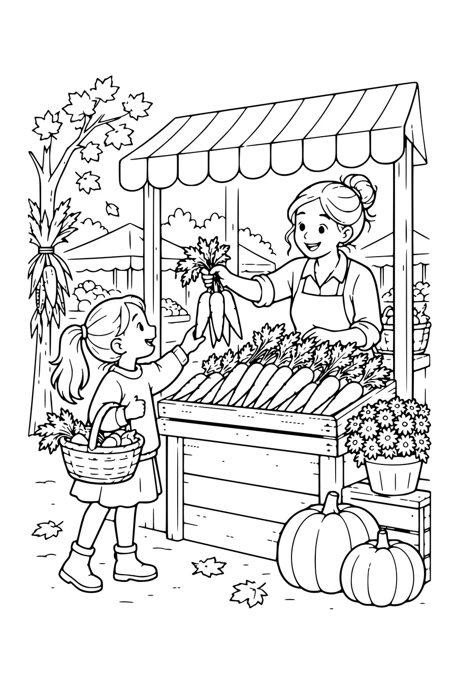 Coloring page: Carrots on a market stall.