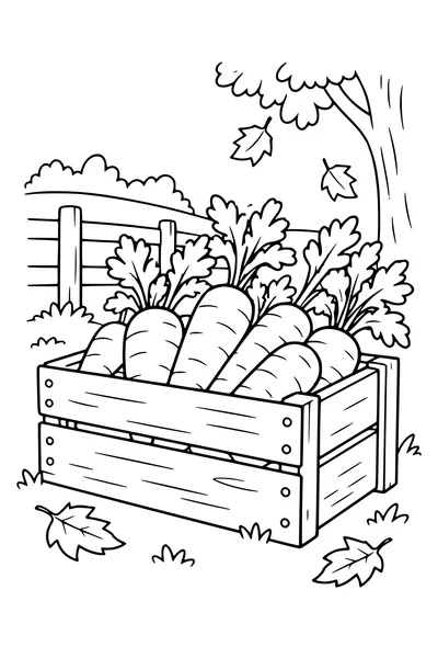Coloriage: Carottes dans une caisse en bois.