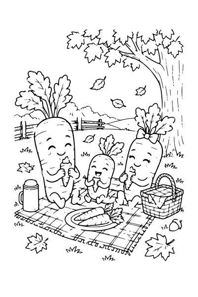 Coloriage: Carottes sur une nappe de pique-nique.