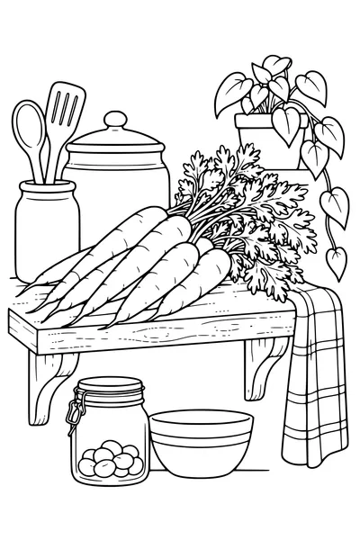 Coloriage: Carottes sur une étagère de cuisine.