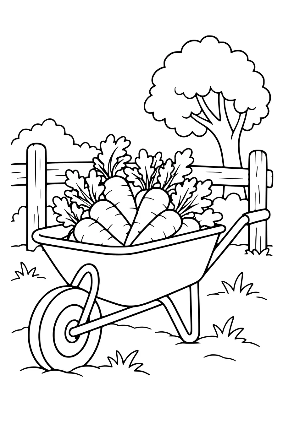 Coloring page: Carrots in a wheelbarrow.
