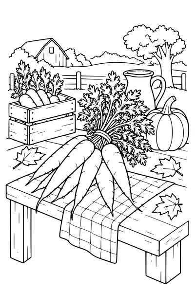 Coloriage: Carottes sur une table de récolte.