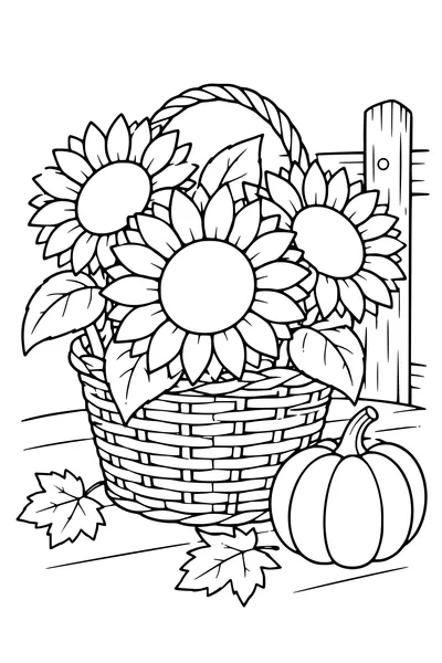 Coloriage: Tournesols dans un panier en osier.