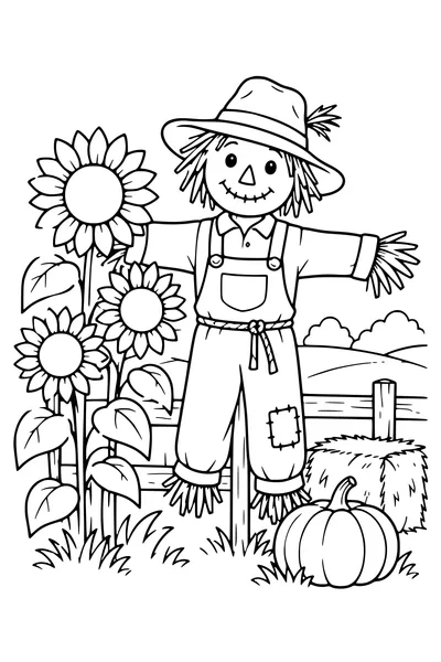 Coloriage: Tournesols près d’un épouvantail.