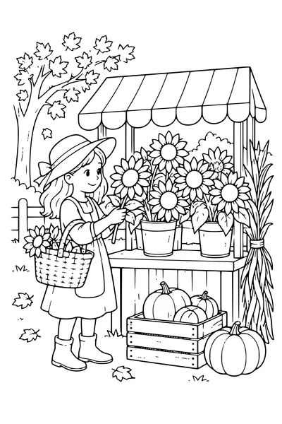 Coloriage: Tournesols sur un étal de marché.
